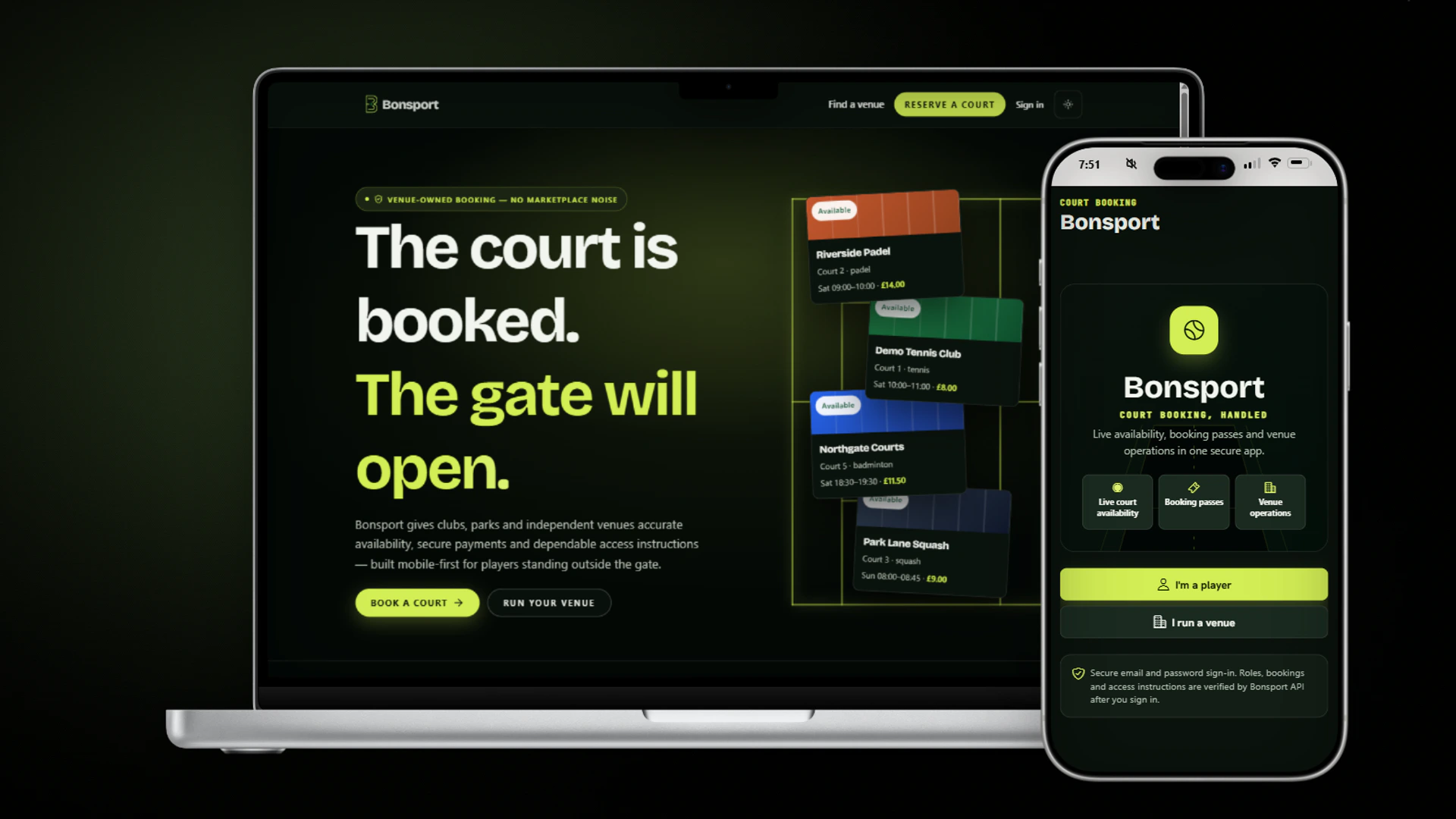 Bonsport landing page on a laptop and phone, a court booking platform showing live availability for tennis, padel and squash venues.