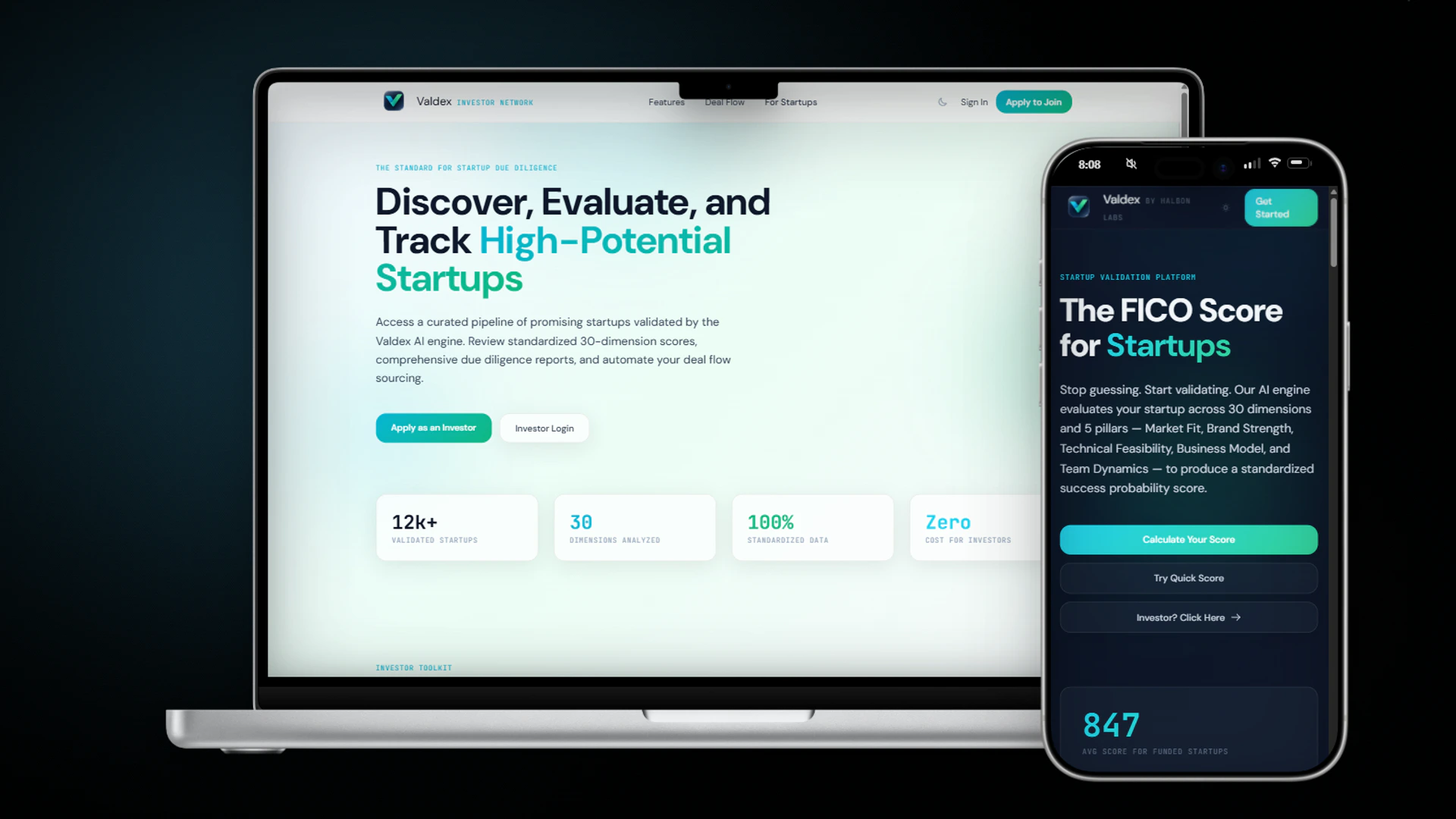 Valdex landing page on a laptop and phone, a startup validation platform that scores startups across thirty dimensions.